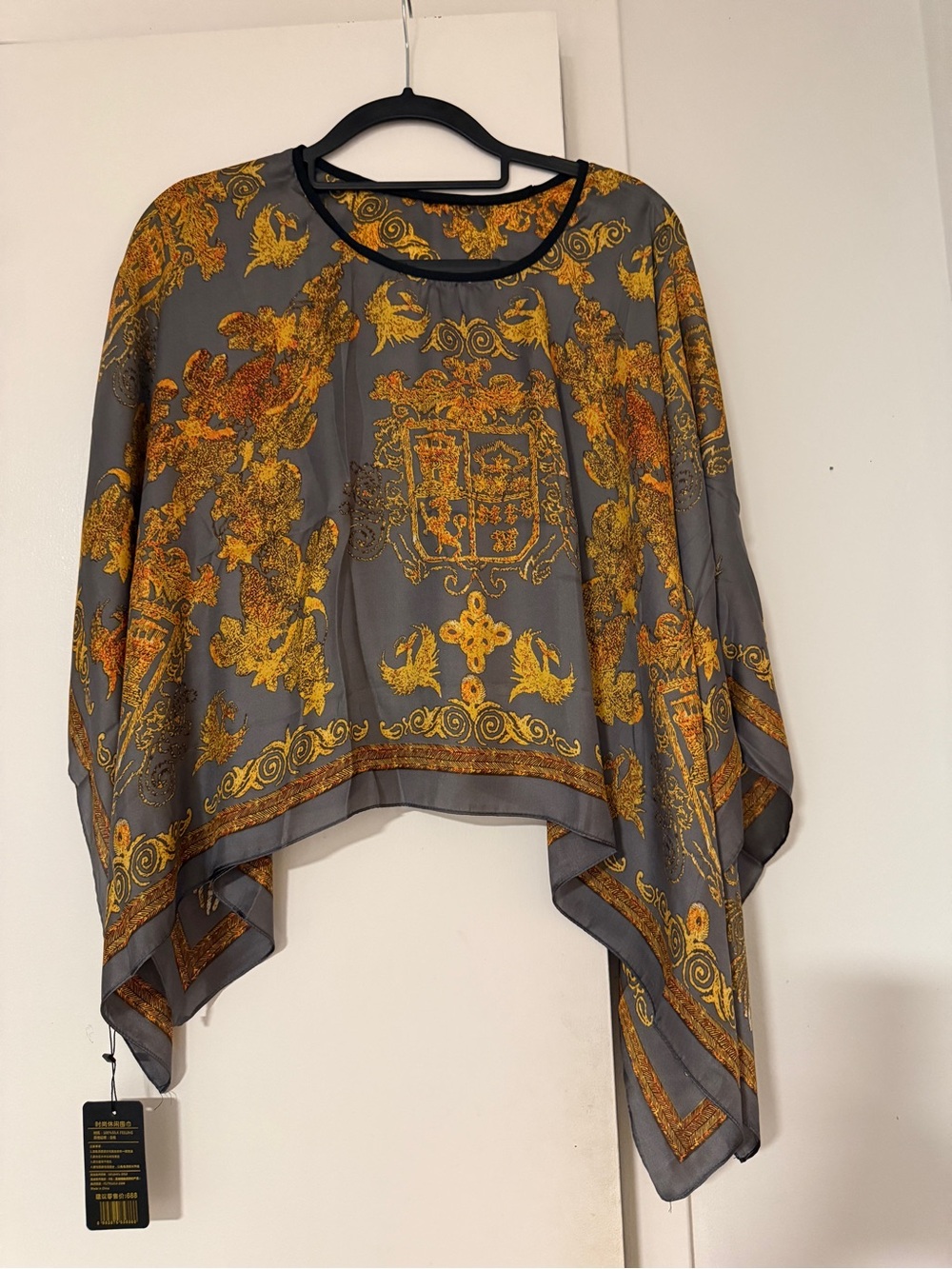 Women’s Gray and Gold Sheer silk like Printed Poncho Top
